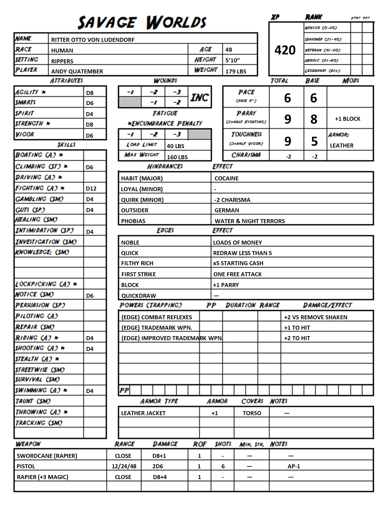 First Edition Savage World Character Sheet